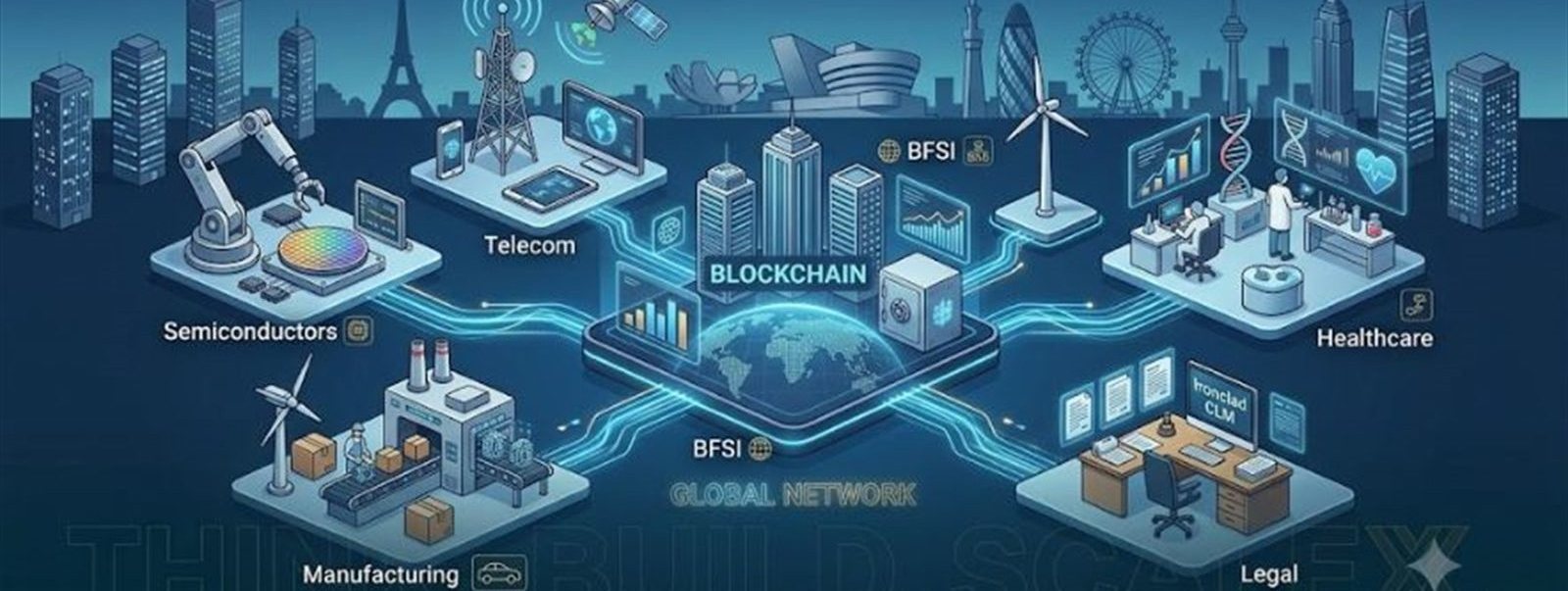 Illustration of WitX Planet’s global network linking semiconductors, telecom, financial services, healthcare, manufacturing and legal work