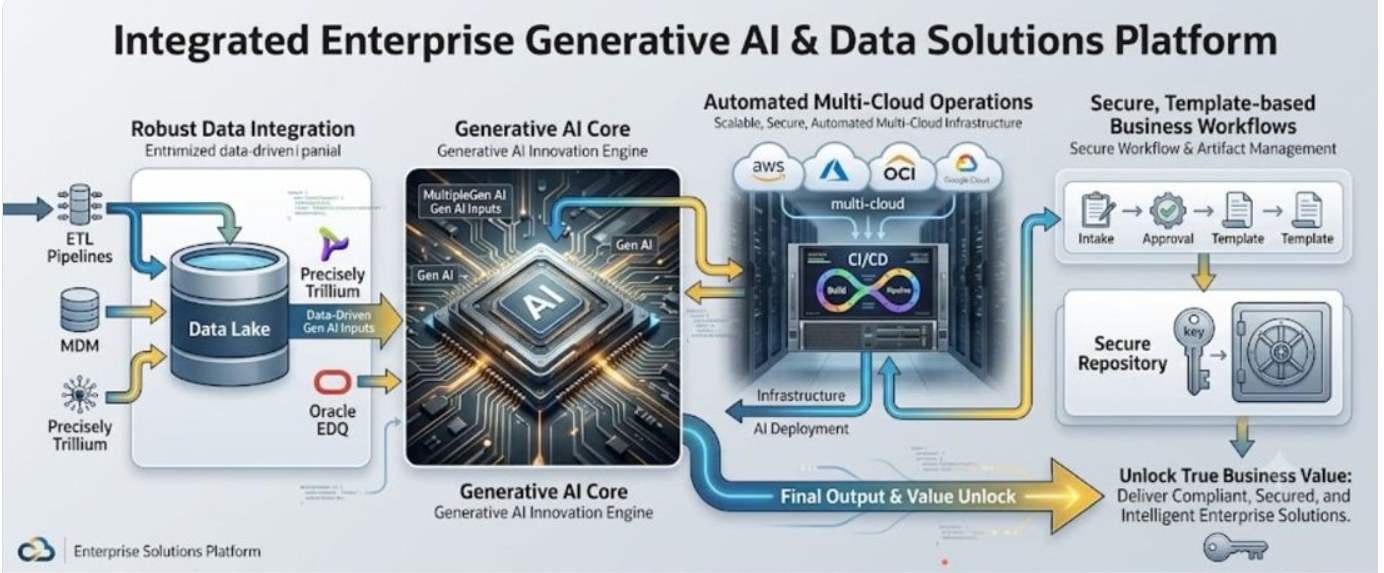 Diagram: data integration with ETL pipelines, MDM and Precisely Trillium feeds a data lake, which feeds the generative AI core, multi-cloud CI/CD operations, template-based workflows and a secure repository